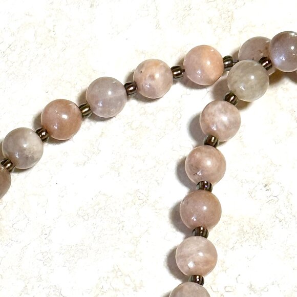 Peach Moonstone Bronze Cat on the Moon Necklace, Genuine Gemstone Beaded Choker - Picture 9 of 14